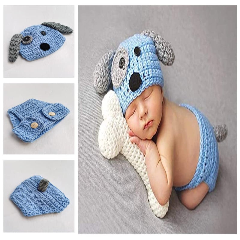 Vedory Fashion Newborn Baby Photography Props Boy Girls Photo Shoot Props Outfits Crochet Knitted Costume Unisex Cute Infant Hat Pants Set (Blue Dog) - Image 3